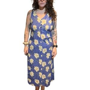 Center Aisle Floral Print Midi Dress Blue Yellow Sleeveless V Neck Rayon Size M